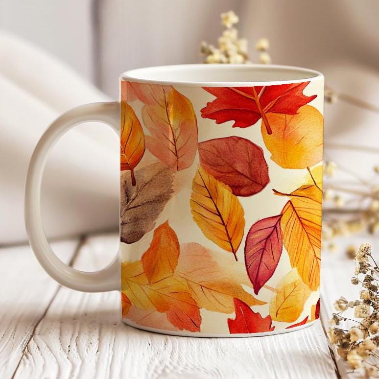 Fall Leaves Mug, 11 Oz Ceramic Cup, Tea Coffee Lover's Gift, Gift for Nature Lover, Red Leaf Mug, Gfit for Mom, Appreciation Teachers Gift