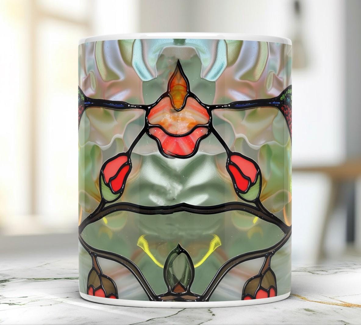 Hummingbird Mug, Stained Glass Effect Tea Cup, Birds Watcher Lover Gift, Decorative Ceramic Mug 11 Oz, Hummingbird Mug Gift, Mug Idea Gift