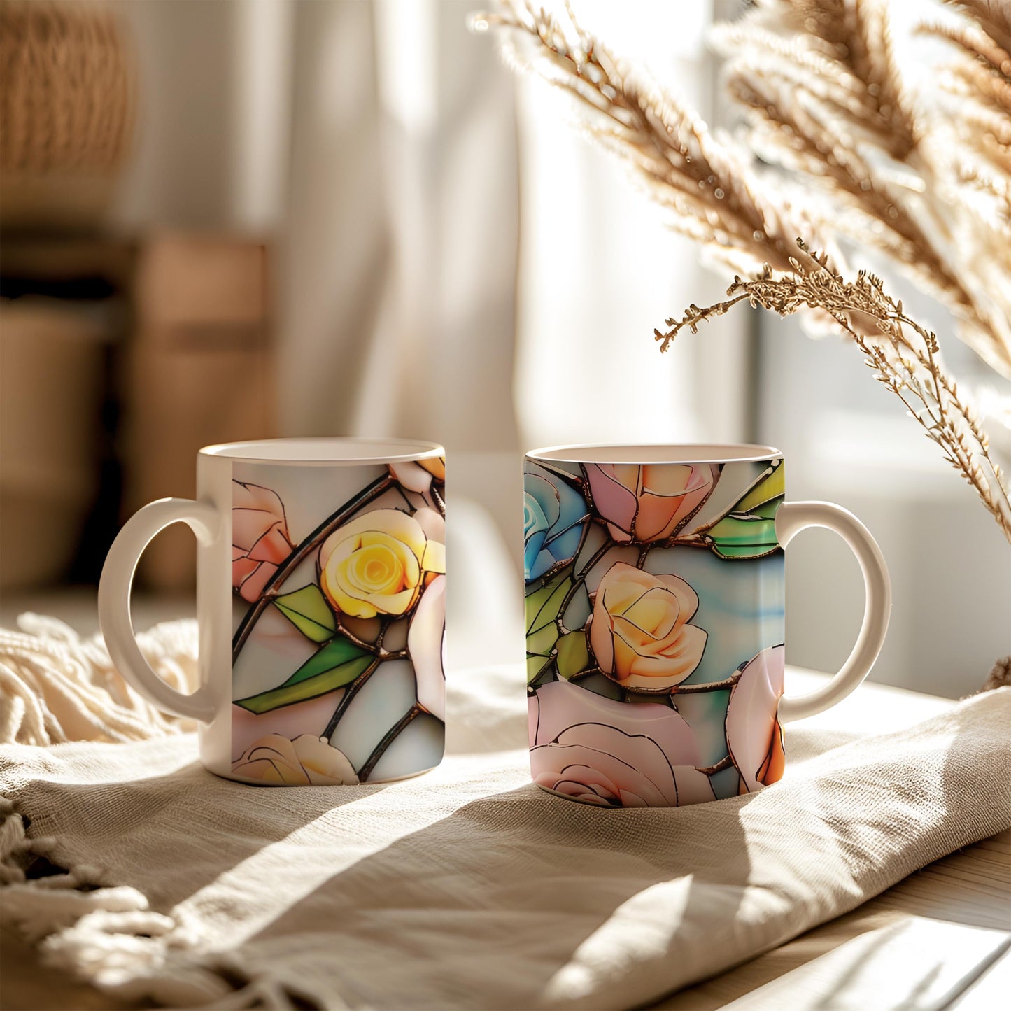 Stained Glass Roses Coffee Mug, Flowers Inspired, Watercolor Roses Bouquet, Mom's, Flowers Lover Gift, Gift for Gardener, Teacher Gift