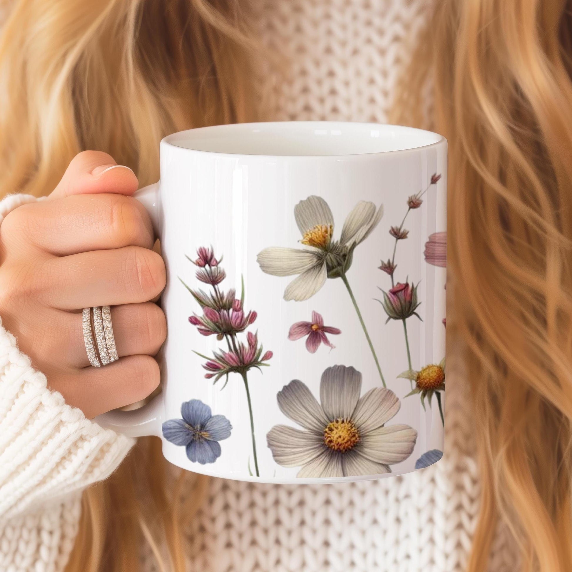 Wildflowers Ceramic Mug, 11 Oz Coffee Mug, Vintage Boho Flowers Tea Cup, Meadow Flowers Nature Mug, Floral Birthday Gift, Flowers Lover Gift