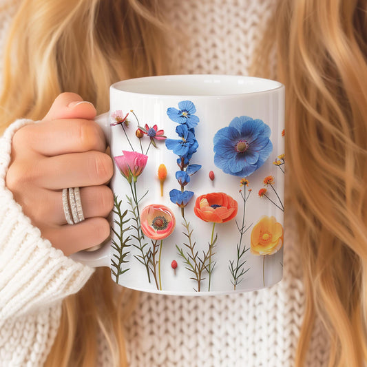 Pressed Flowers Ceramic Mug: Boho Wildflower Garden, 11 oz