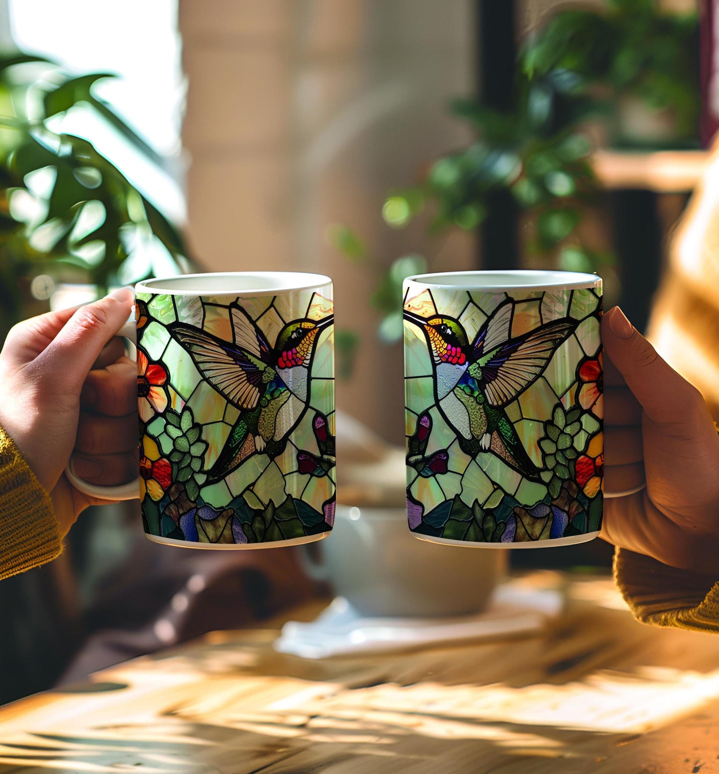 Hummingbird Stained Glass Mug, Birds Lover Tea Cup, Nature Lover Gift, Decorative Ceramic Mug 11 Oz, Hummingbird Mug Gift, Mug Idea Gift
