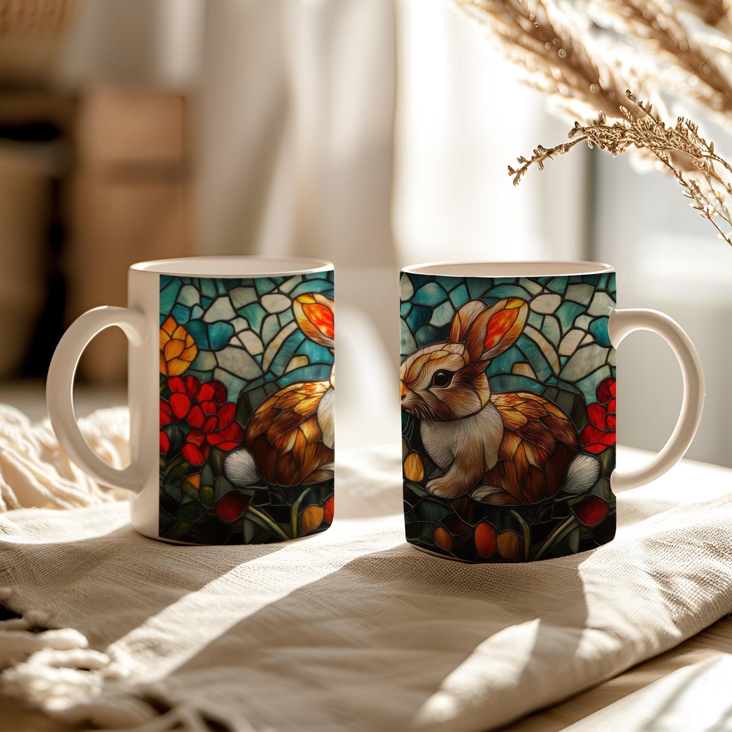 Easter Bunny Stained Glass Effect Mug, Animal Lover Tea Cup, Gift for Rabbit Lover, Ceramic Mug 11 Oz, Birthday Present for Mom