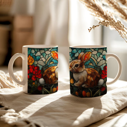 Easter Bunny Stained Glass Effect Mug, Animal Lover Tea Cup, Gift for Rabbit Lover, Ceramic Mug 11 Oz, Birthday Present for Mom