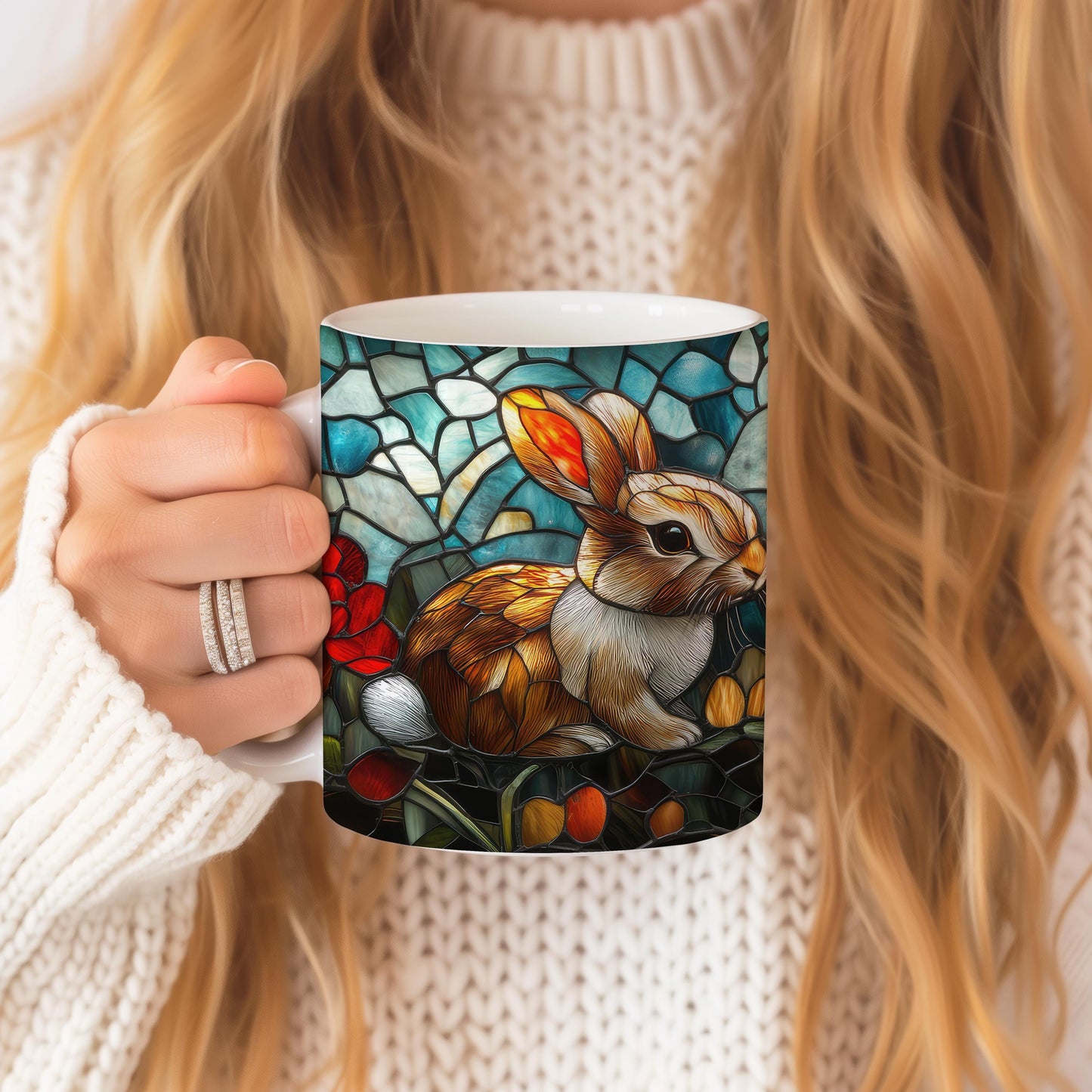 Easter Bunny Stained Glass Effect Mug, Animal Lover Tea Cup, Gift for Rabbit Lover, Ceramic Mug 11 Oz, Birthday Present for Mom