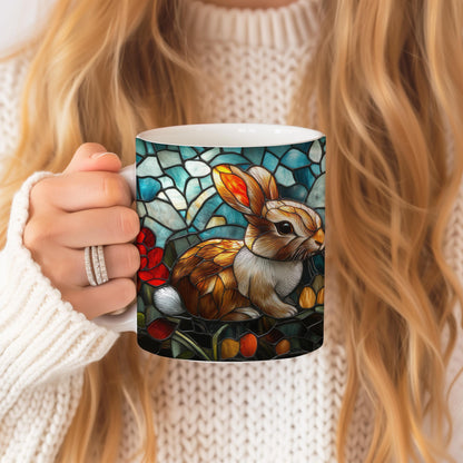 Easter Bunny Stained Glass Effect Mug, Animal Lover Tea Cup, Gift for Rabbit Lover, Ceramic Mug 11 Oz, Birthday Present for Mom