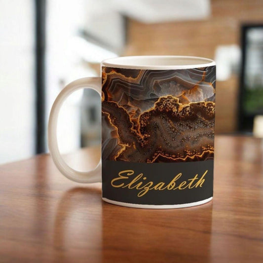 Personalized Marble Mug: Brown Agate Coffee Cup, Custom Name Gift