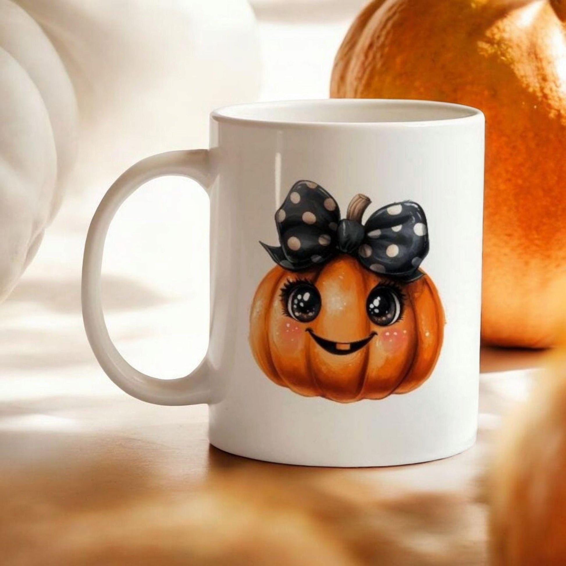 Pumpkin Mug Fall, Ceramic Tea Cup with Orange Pumpkin & Black Bow, Cute Autumn Coffee Mug, Funny Halloween Gift, Fall Borned Present Idea
