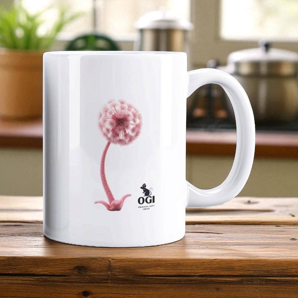Cute Snail Mug, Handmade Print Cozy Pink Ceramic Coffee Cup with Dandelion, Unique Gift, Not POD, Nature Lover Gift, Knitted Toy Tea Cup