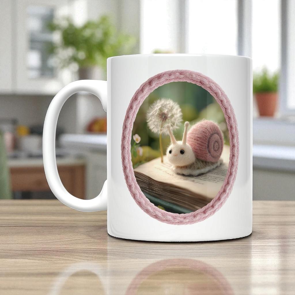 Cute Snail Mug, Handmade Print Cozy Pink Ceramic Coffee Cup with Dandelion, Unique Gift, Not POD, Nature Lover Gift, Knitted Toy Tea Cup