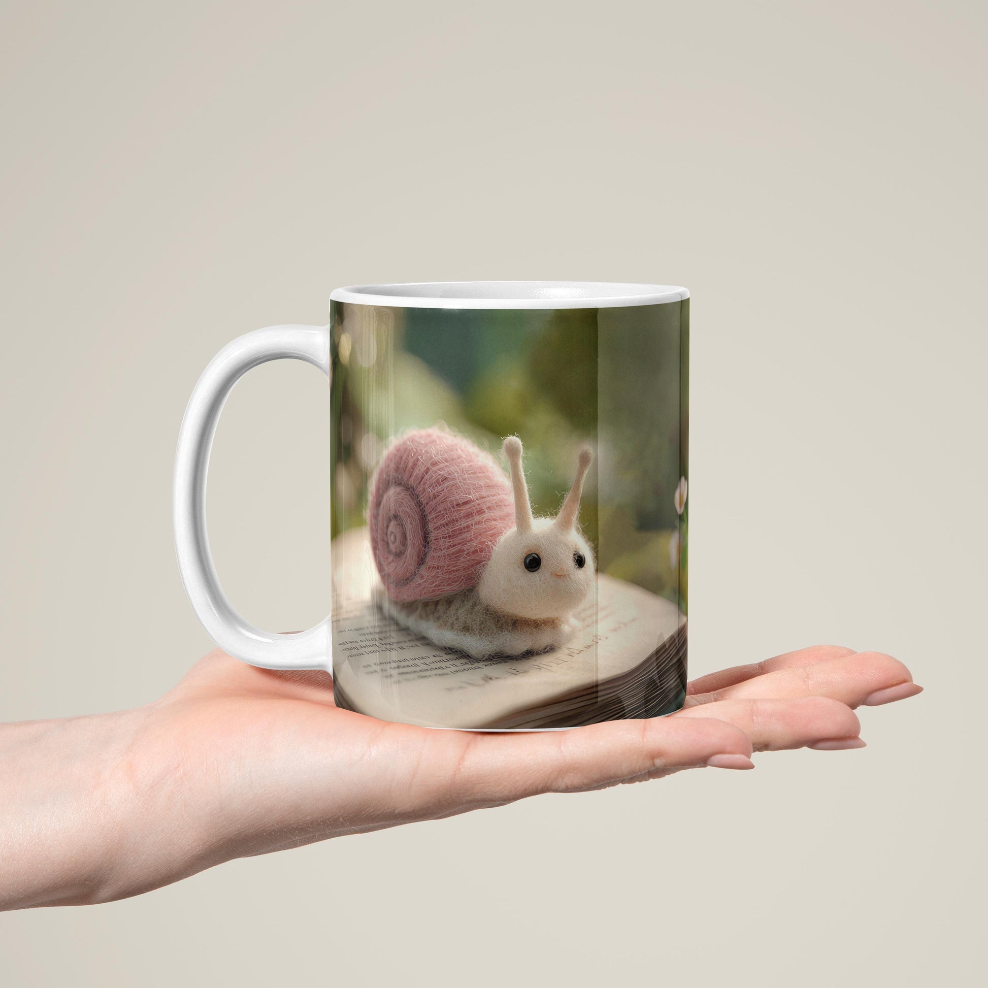 Cute Snail Mug 3, Coffee Cup with Handmade Print with Wool Felt Snail and Dandelion Images for Nature, Forest Animals Lover Gift