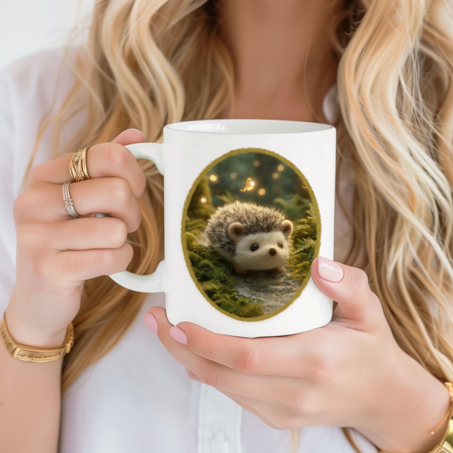 Mug with Wool Felt Hedgehog Image, Handmade Ceramic Coffee Cup with Fluffy Forest Animal, Cozy Nature Gift for Animal Lovers, Cute Drinkware