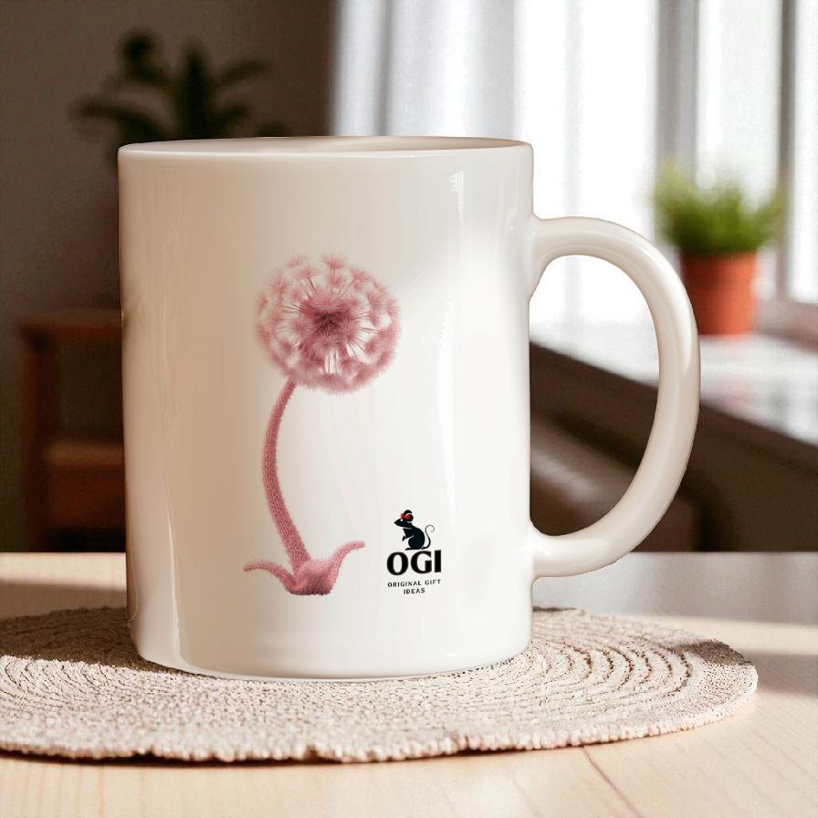 Snail Mug 2, Handmade Print Coffee Cup with Wool Felt Snail and Dandelion Design, Nature Lover Gift, Knitted Toy Tea Drinkware, Gift Idea