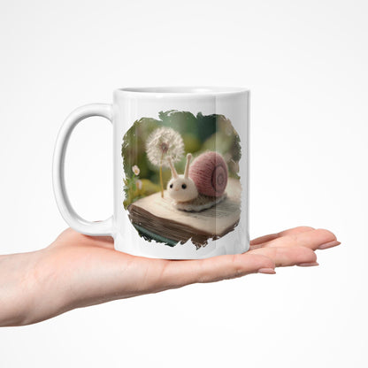 Snail Mug 2, Handmade Print Coffee Cup with Wool Felt Snail and Dandelion Design, Nature Lover Gift, Knitted Toy Tea Drinkware, Gift Idea