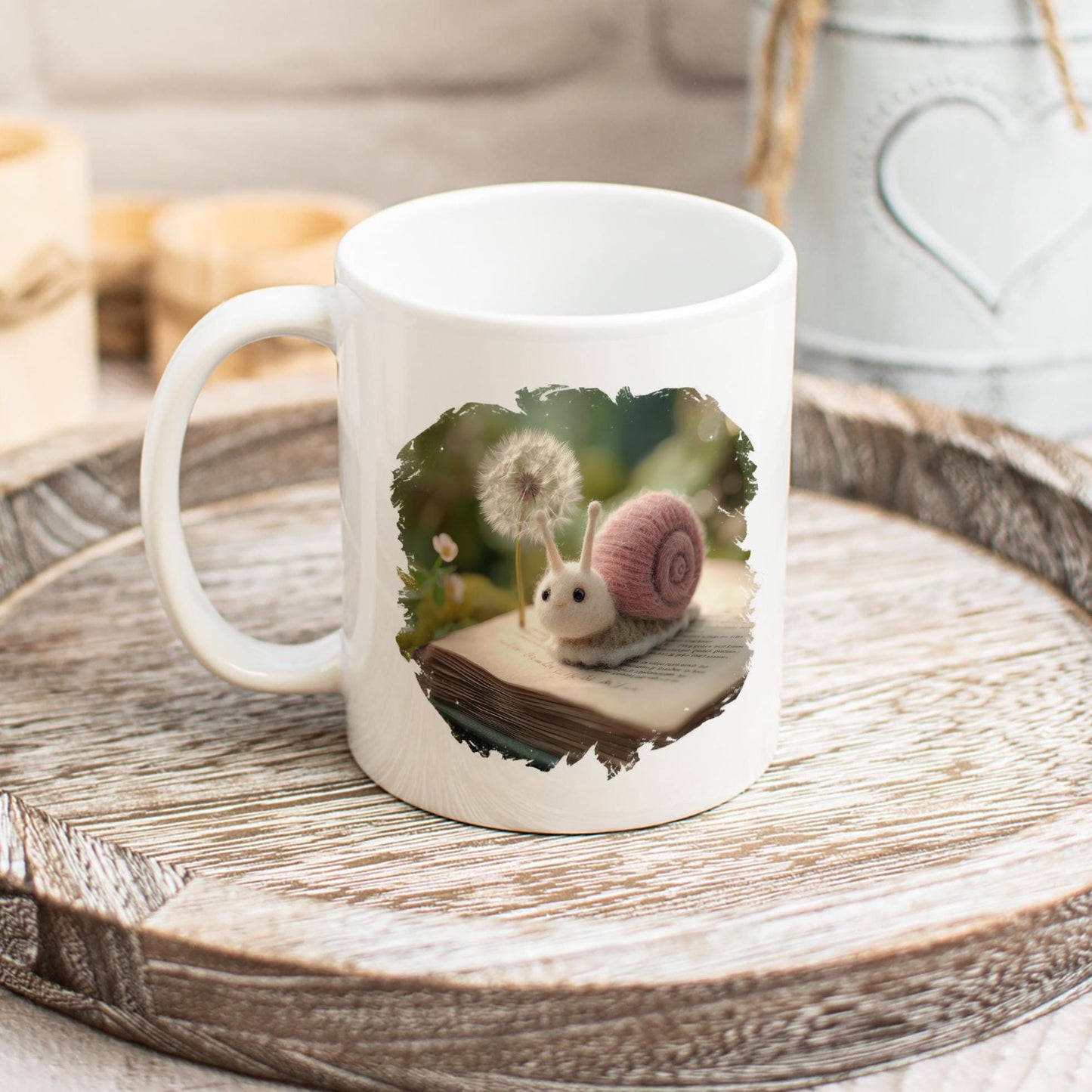 Snail Mug 2, Handmade Print Coffee Cup with Wool Felt Snail and Dandelion Design, Nature Lover Gift, Knitted Toy Tea Drinkware, Gift Idea