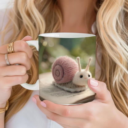Cute snail 11 oz ceramic coffee mug with wool felt snail and dandelion design