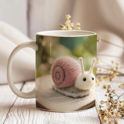 Cute Snail Mug 3, Coffee Cup with Handmade Print with Wool Felt Snail and Dandelion Images for Nature, Forest Animals Lover Gift