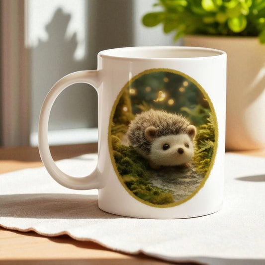Mug with Wool Felt Hedgehog Image, Handmade Ceramic Coffee Cup with Fluffy Forest Animal, Cozy Nature Gift for Animal Lovers, Cute Drinkware