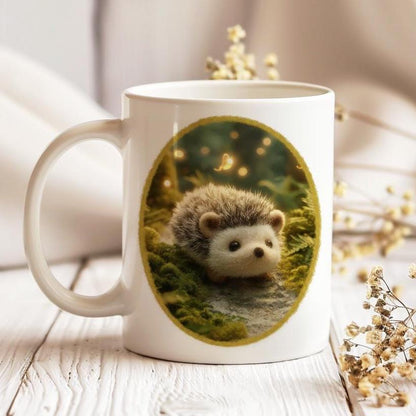Mug with Wool Felt Hedgehog Image, Handmade Ceramic Coffee Cup with Fluffy Forest Animal, Cozy Nature Gift for Animal Lovers, Cute Drinkware