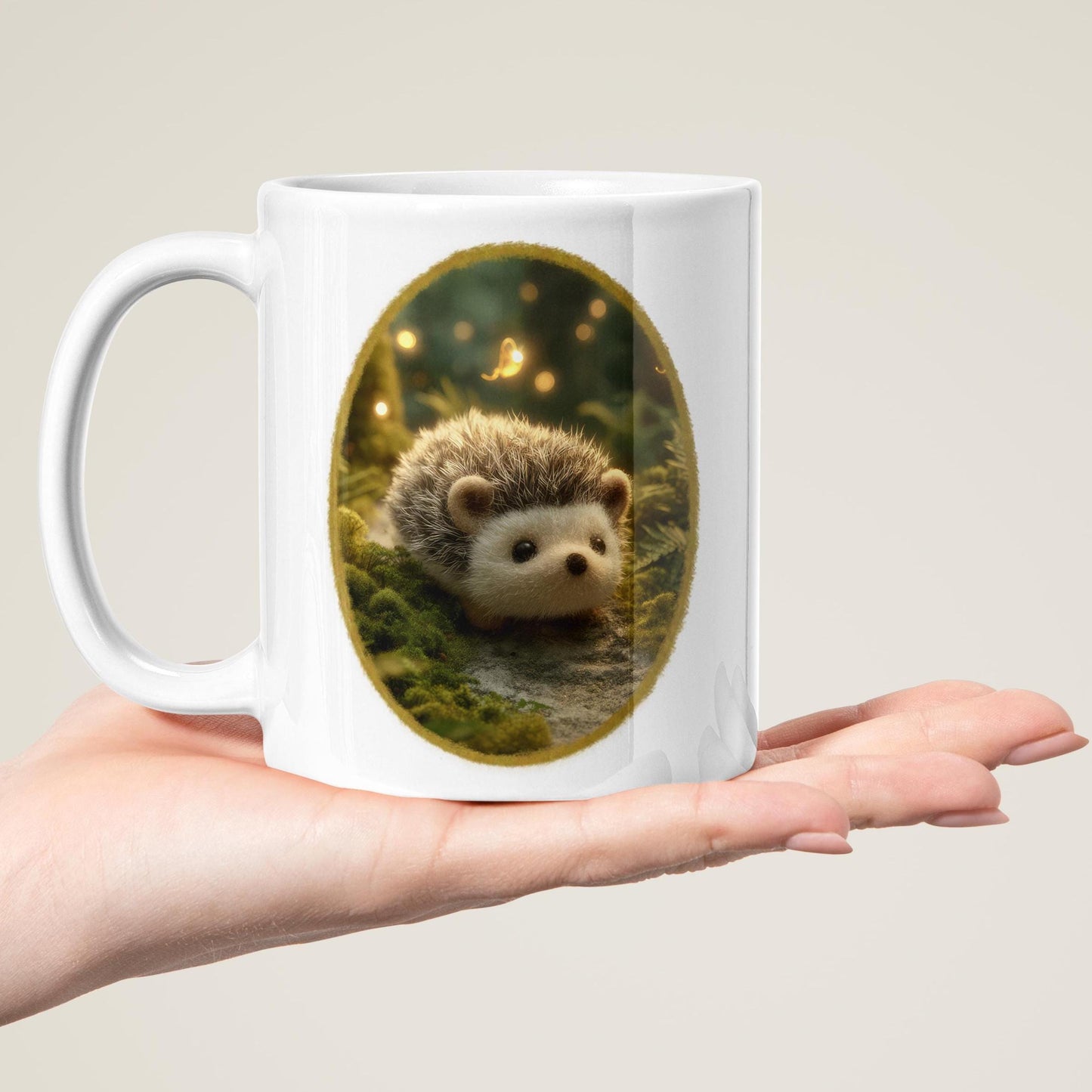 Mug with Wool Felt Hedgehog Image, Handmade Ceramic Coffee Cup with Fluffy Forest Animal, Cozy Nature Gift for Animal Lovers, Cute Drinkware