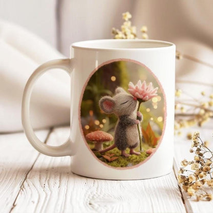 Mug with Wool Felt Mouse Image, Handmade Ceramic Coffee Cup with Fluffy Forest Animal, Cute Gift for Animal Lovers, Tea Lovers Present
