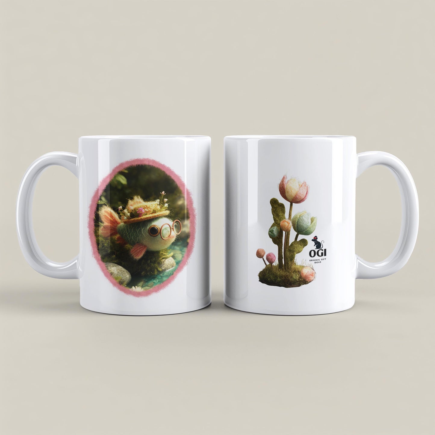 Mug with Wool Felt Fish Image, Custom Printed Ceramic Coffee Cup, Cute Forest Animal Lover Drinkware, Cozy Nature Inspired Gift Idea