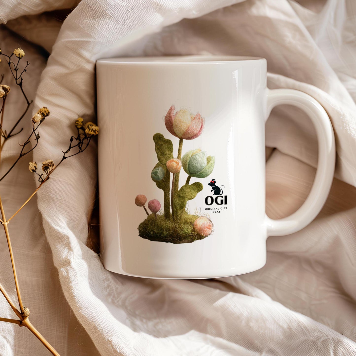 Mug with Wool Felt Fish Image, Custom Printed Ceramic Coffee Cup, Cute Forest Animal Lover Drinkware, Cozy Nature Inspired Gift Idea