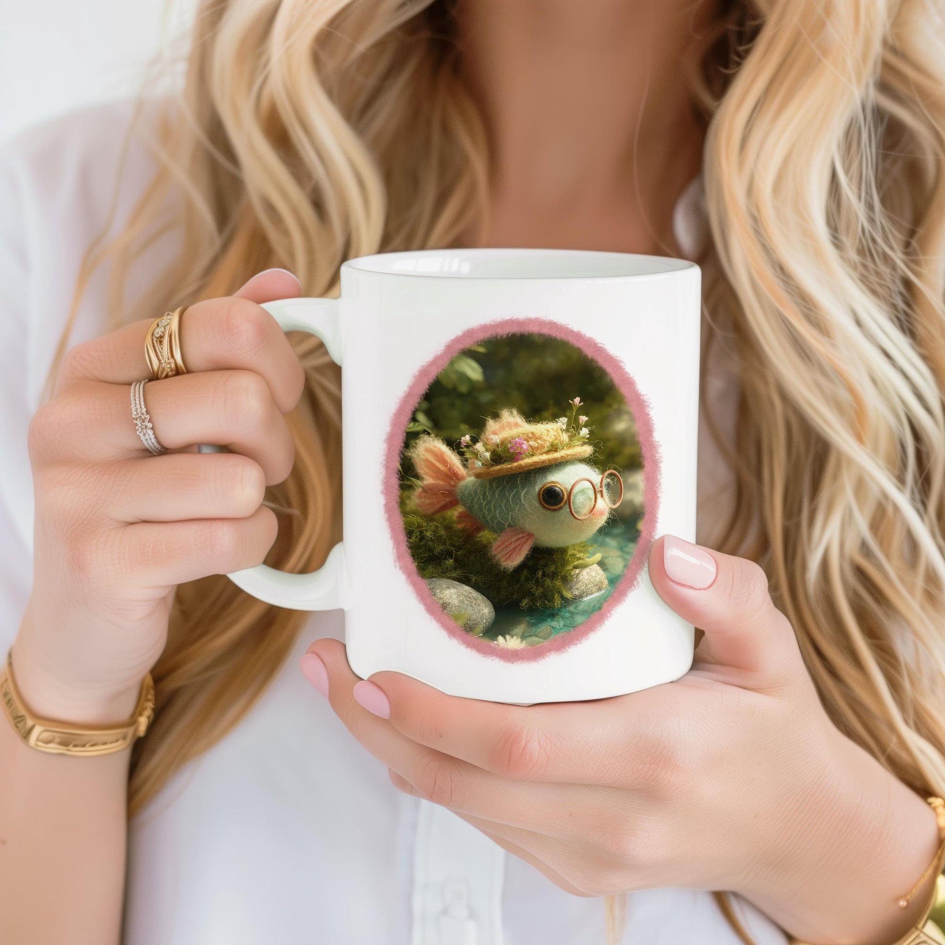 Mug with Wool Felt Fish Image, Custom Printed Ceramic Coffee Cup, Cute Forest Animal Lover Drinkware, Cozy Nature Inspired Gift Idea