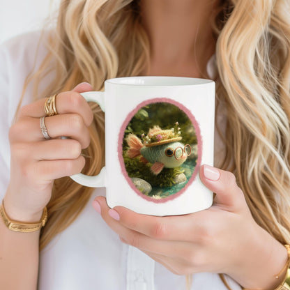 Mug with Wool Felt Fish Image, Custom Printed Ceramic Coffee Cup, Cute Forest Animal Lover Drinkware, Cozy Nature Inspired Gift Idea