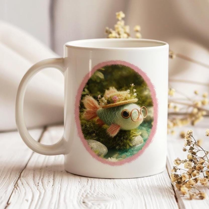 Mug with Wool Felt Fish Image, Custom Printed Ceramic Coffee Cup, Cute Forest Animal Lover Drinkware, Cozy Nature Inspired Gift Idea
