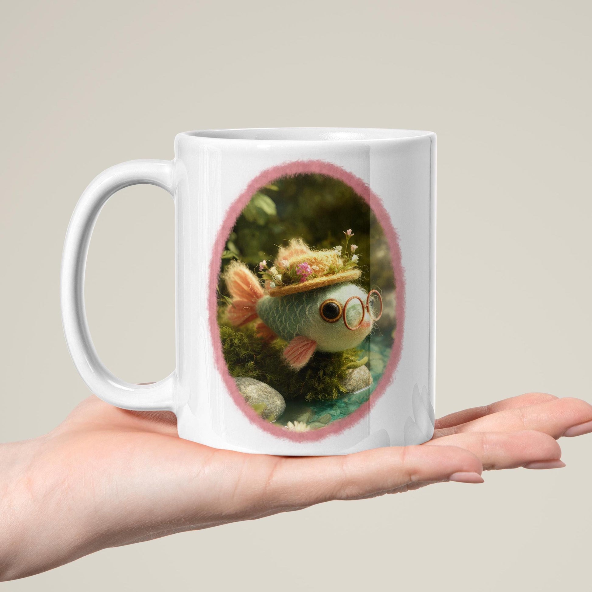 Mug with Wool Felt Fish Image, Custom Printed Ceramic Coffee Cup, Cute Forest Animal Lover Drinkware, Cozy Nature Inspired Gift Idea