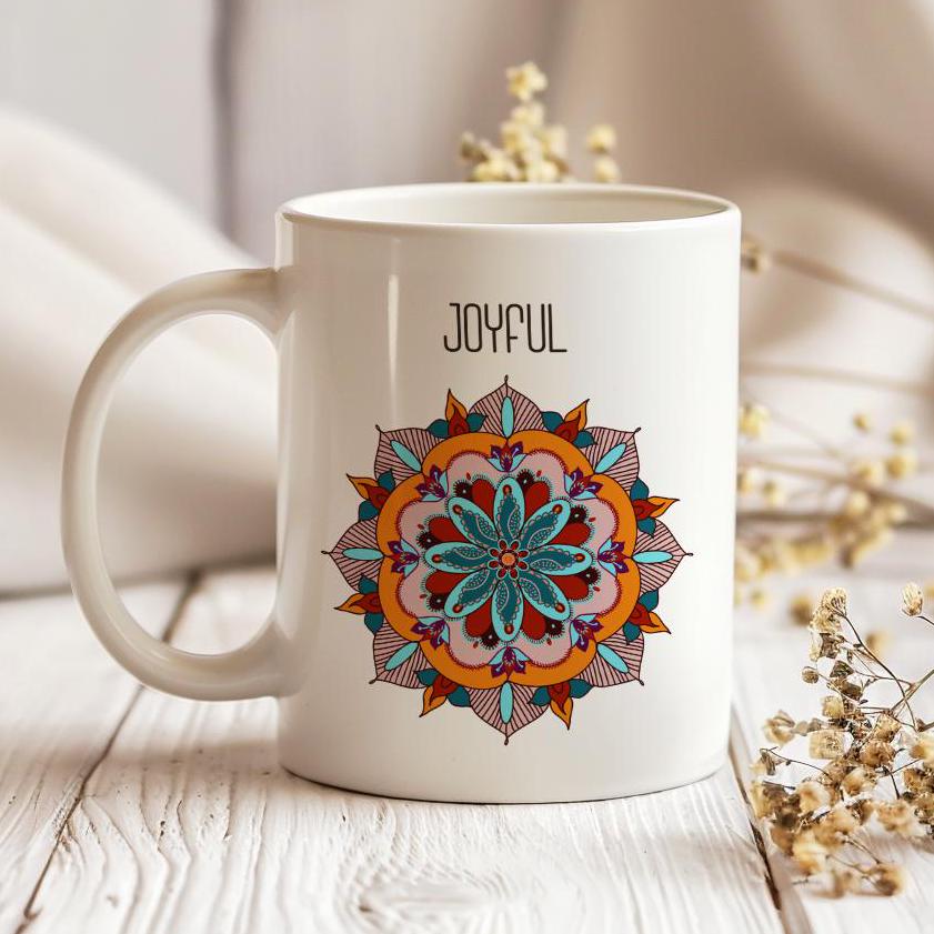 Mandala Mug, Joyful Tea Cup, Gift for Yoga Enthusiast, Ceramic Mug 11 Oz, Harmony Lover Mug, Joyful Mandala Gift, Coffee Lover Gift