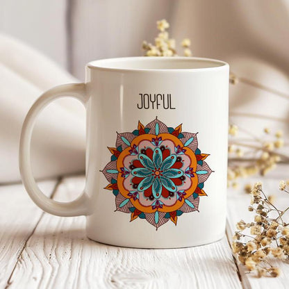 Mandala Mug, Joyful Tea Cup, Gift for Yoga Enthusiast, Ceramic Mug 11 Oz, Harmony Lover Mug, Joyful Mandala Gift, Coffee Lover Gift