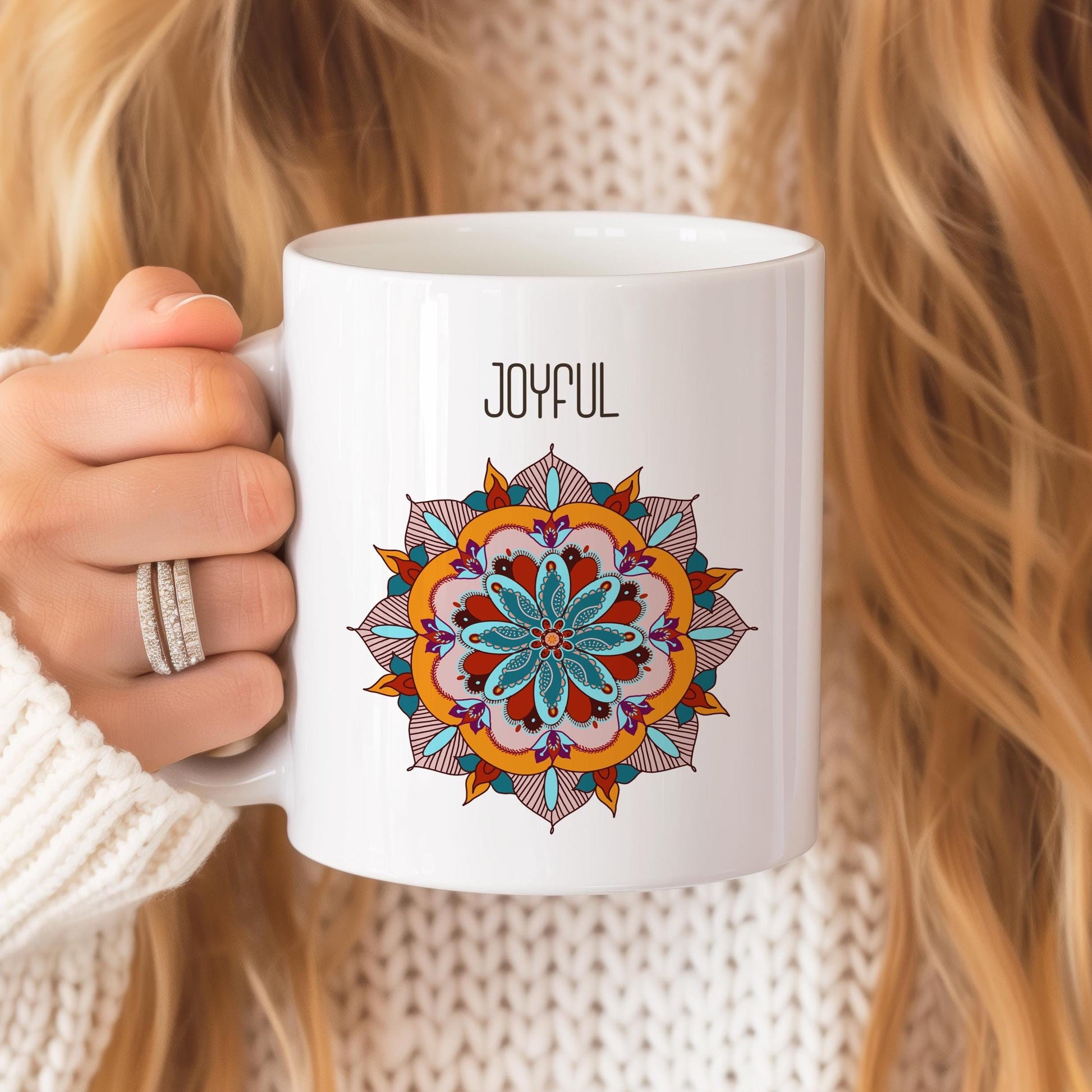 Mandala Mug, Joyful Tea Cup, Gift for Yoga Enthusiast, Ceramic Mug 11 Oz, Harmony Lover Mug, Joyful Mandala Gift, Coffee Lover Gift