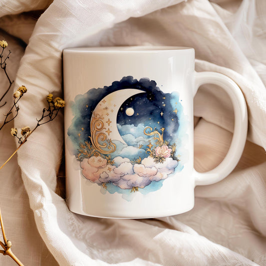 Moon and stars 11 oz ceramic coffee mug with celestial night sky design