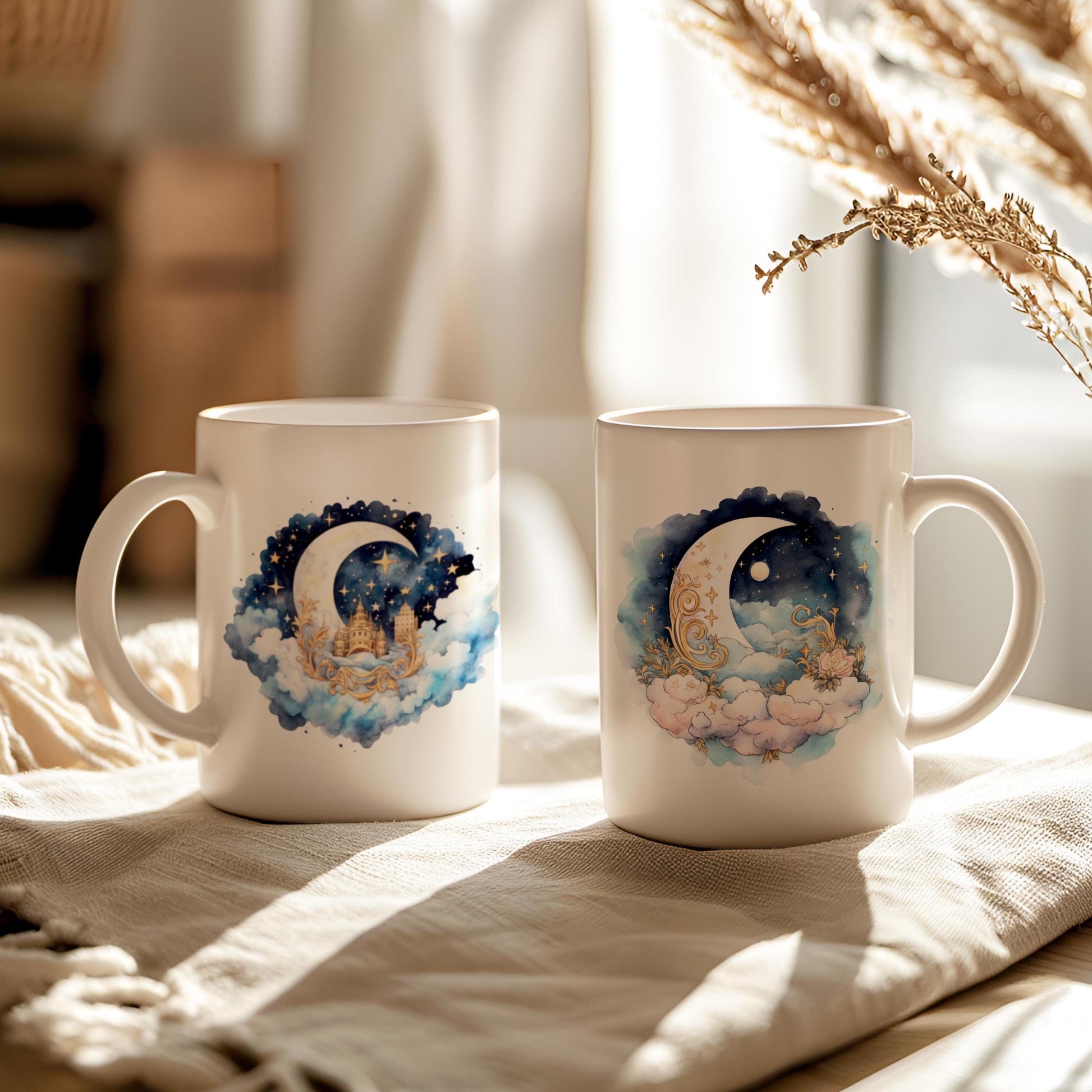 Moon and stars 11 oz ceramic coffee mug with celestial night sky design