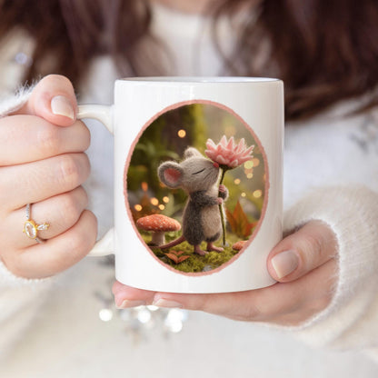 Mug with Wool Felt Mouse Image, Handmade Ceramic Coffee Cup with Fluffy Forest Animal, Cute Gift for Animal Lovers, Tea Lovers Present