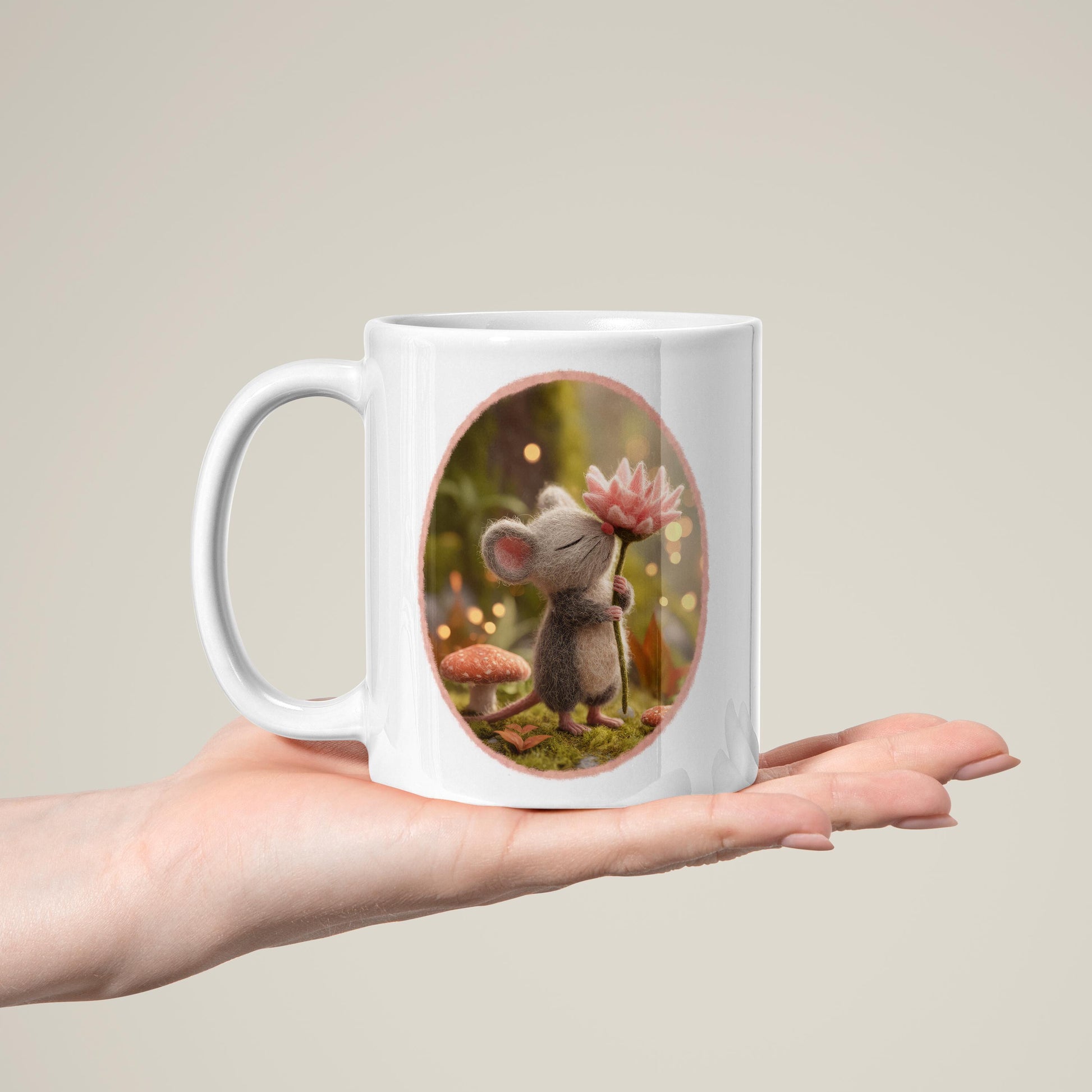 Mug with Wool Felt Mouse Image, Handmade Ceramic Coffee Cup with Fluffy Forest Animal, Cute Gift for Animal Lovers, Tea Lovers Present