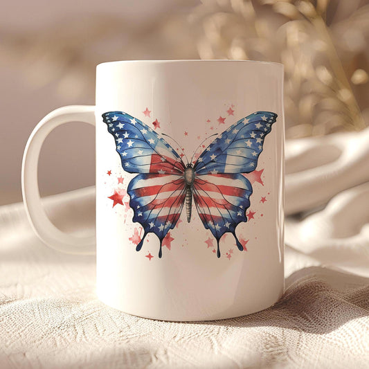 Patriotic Coffee Mug, 4th July Butterfly Mug With American Flag, USA Independence Day Ceramic Mug, 11 Oz Mug, Patriotic Gifts