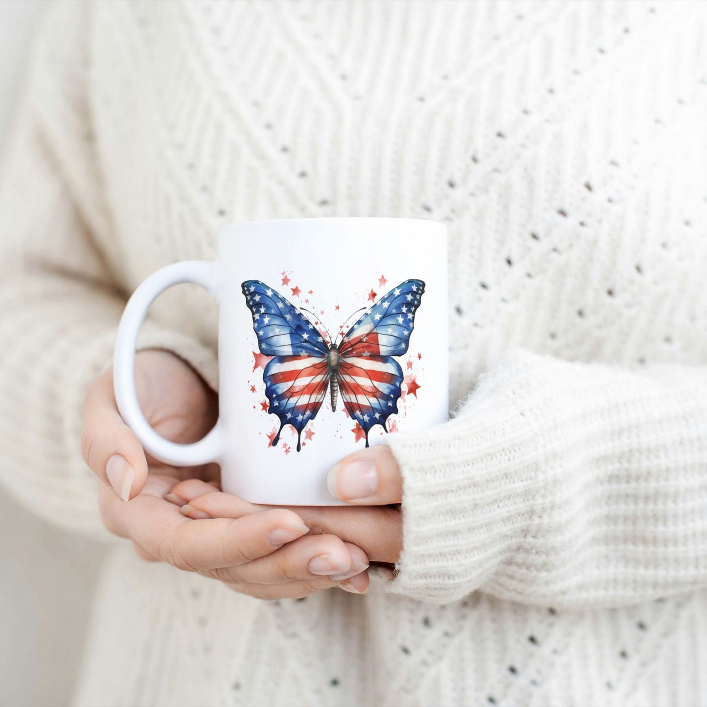 Patriotic Coffee Mug, 4th July Butterfly Mug With American Flag, USA Independence Day Ceramic Mug, 11 Oz Mug, Patriotic Gifts