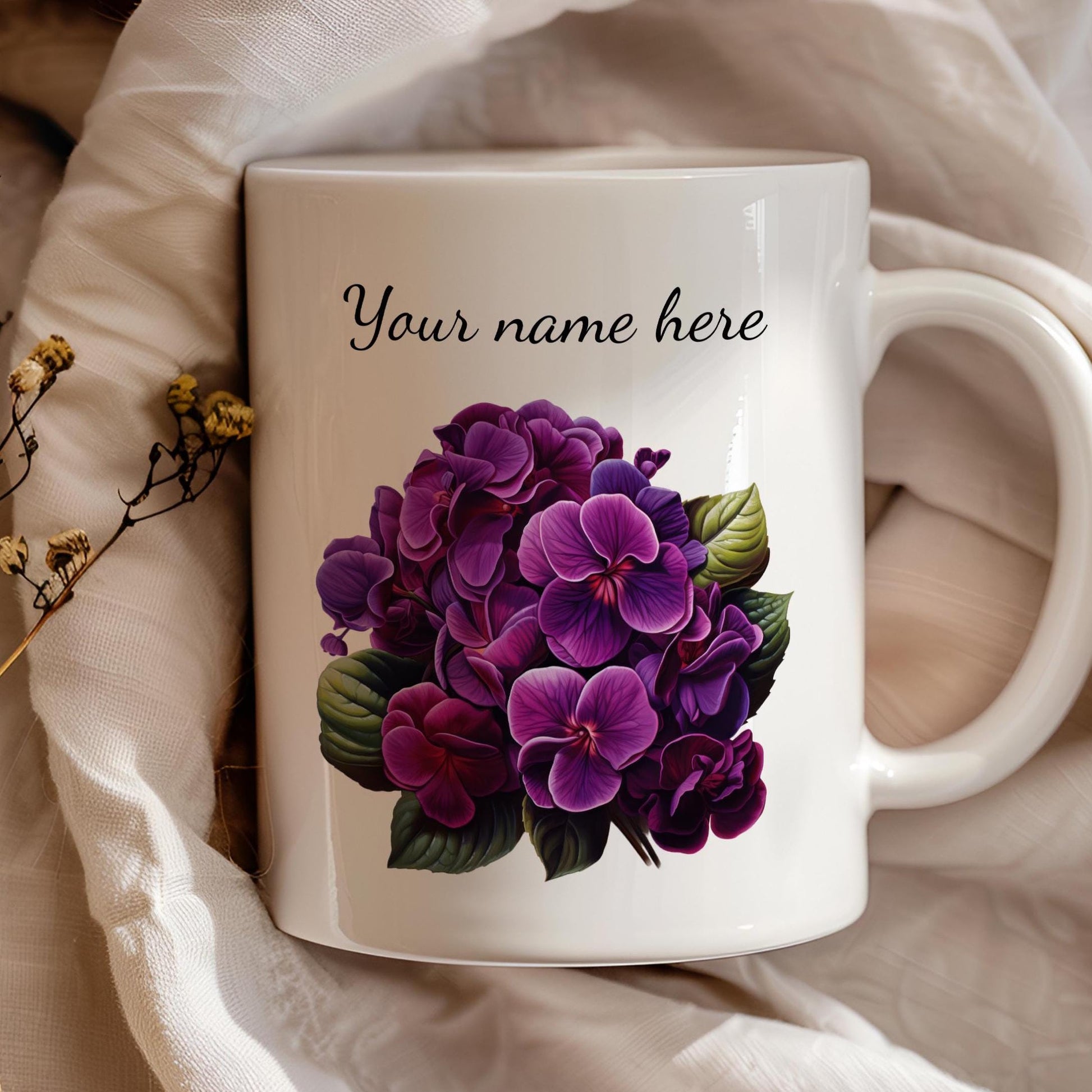 Personalized Mug with Custom Name and African Violets Flowers, Coffee Mug Gift, Ceramic 11 Oz Mug, Flower Lover Lover Gift, Birthday Gift