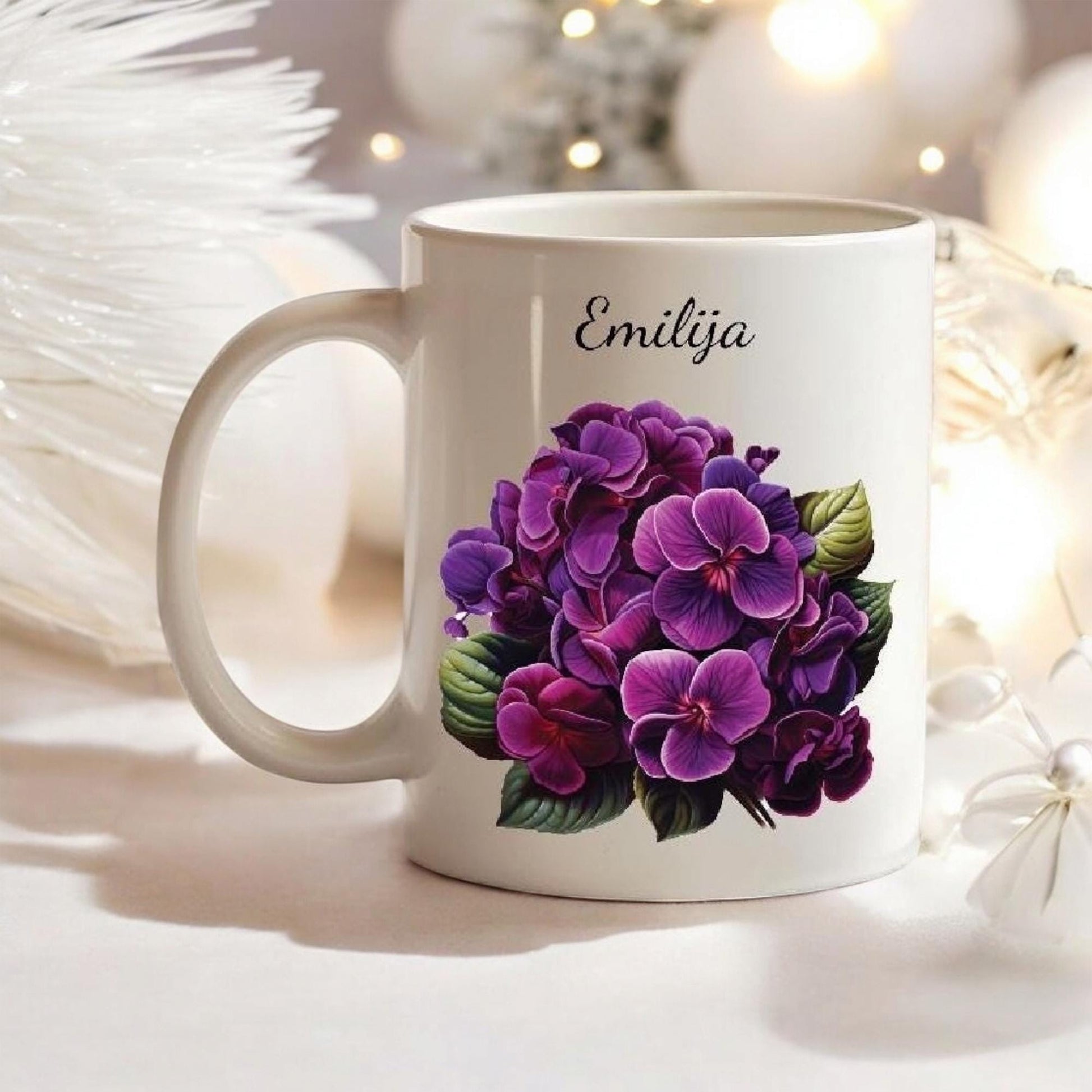 African Violets Mug Personalized with Custom Name and African Flowers, Coffee Mug Gift, Ceramic 11 Oz, Flower Lover Lover Gift