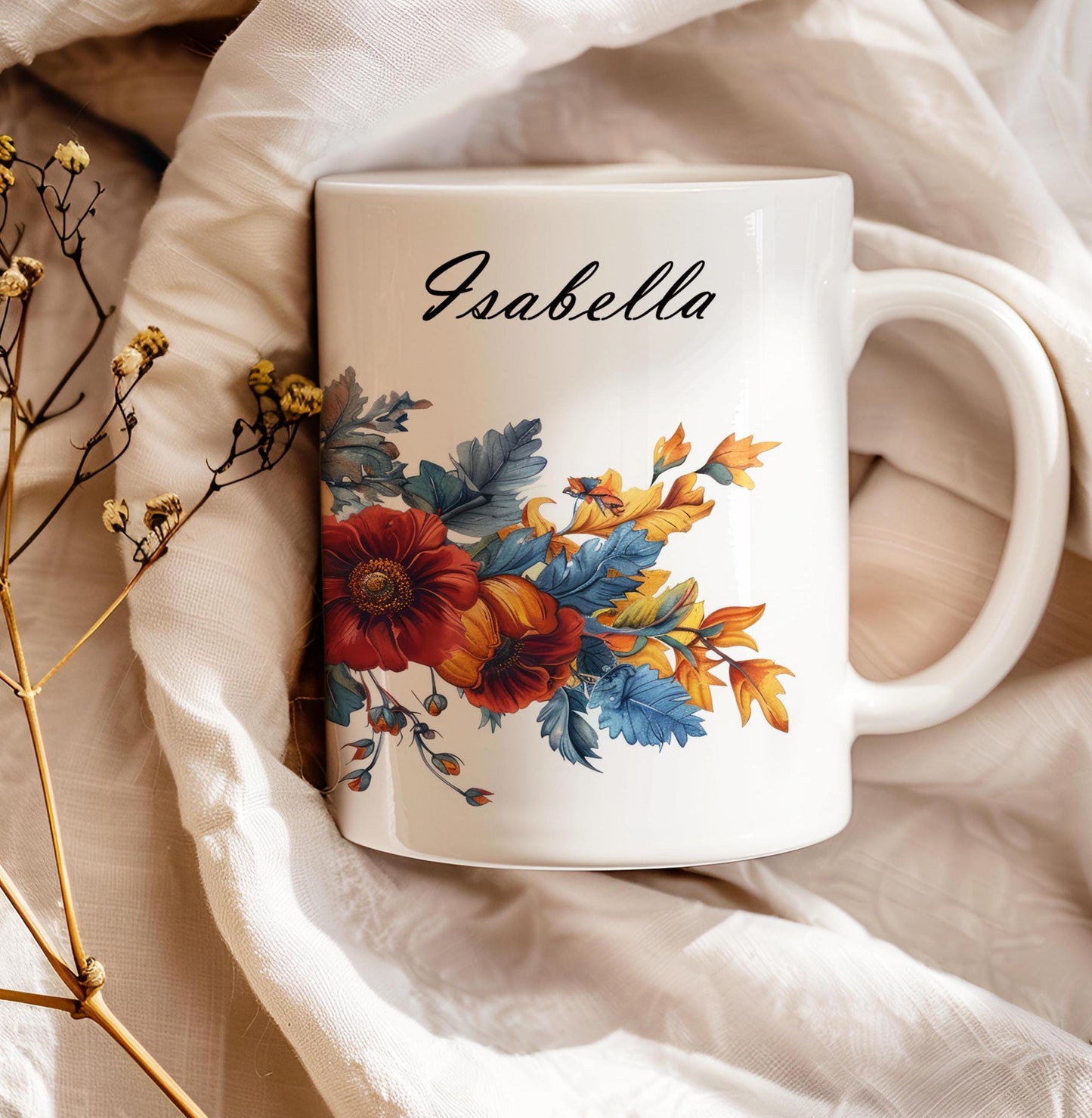 Personalized Flowers Mug, Name Mug for Coffee Lovers, Tea Cup With Name, 11 Oz Ceramic Mug, Gift for Teacher, Gift Idea for Mom, POD Mug