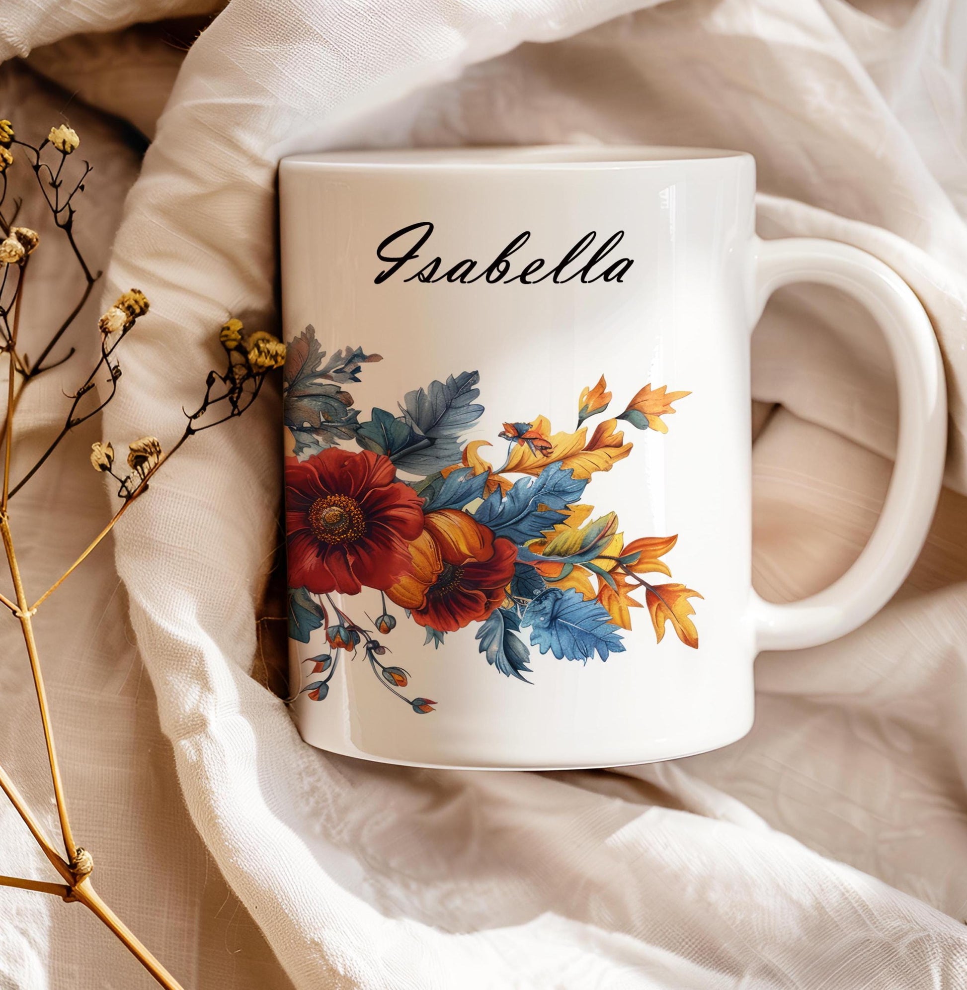 Personalized Flowers Mug, Name Mug for Coffee Lovers, Tea Cup With Name, 11 Oz Ceramic Mug, Gift for Teacher, Gift Idea for Mom, POD Mug
