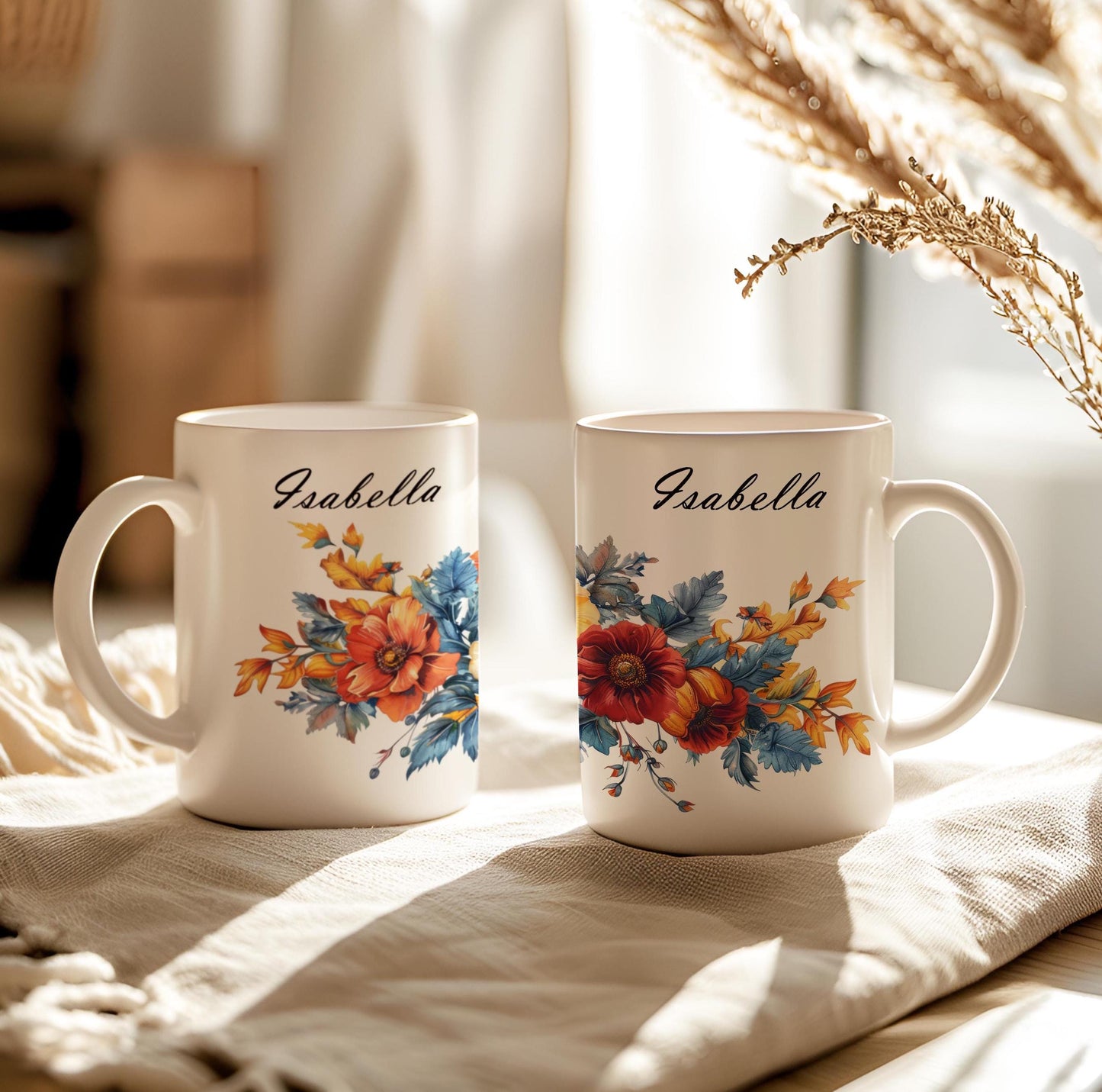 Personalized Flowers Mug, Name Mug for Coffee Lovers, Tea Cup With Name, 11 Oz Ceramic Mug, Gift for Teacher, Gift Idea for Mom, POD Mug