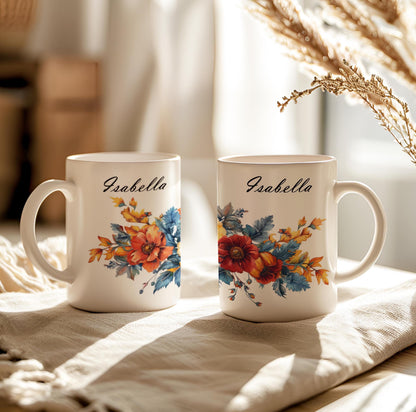 Personalized Flowers Mug, Name Mug for Coffee Lovers, Tea Cup With Name, 11 Oz Ceramic Mug, Gift for Teacher, Gift Idea for Mom, POD Mug