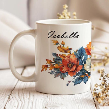 Personalized Flowers Mug, Name Mug for Coffee Lovers, Tea Cup With Name, 11 Oz Ceramic Mug, Gift for Teacher, Gift Idea for Mom, POD Mug