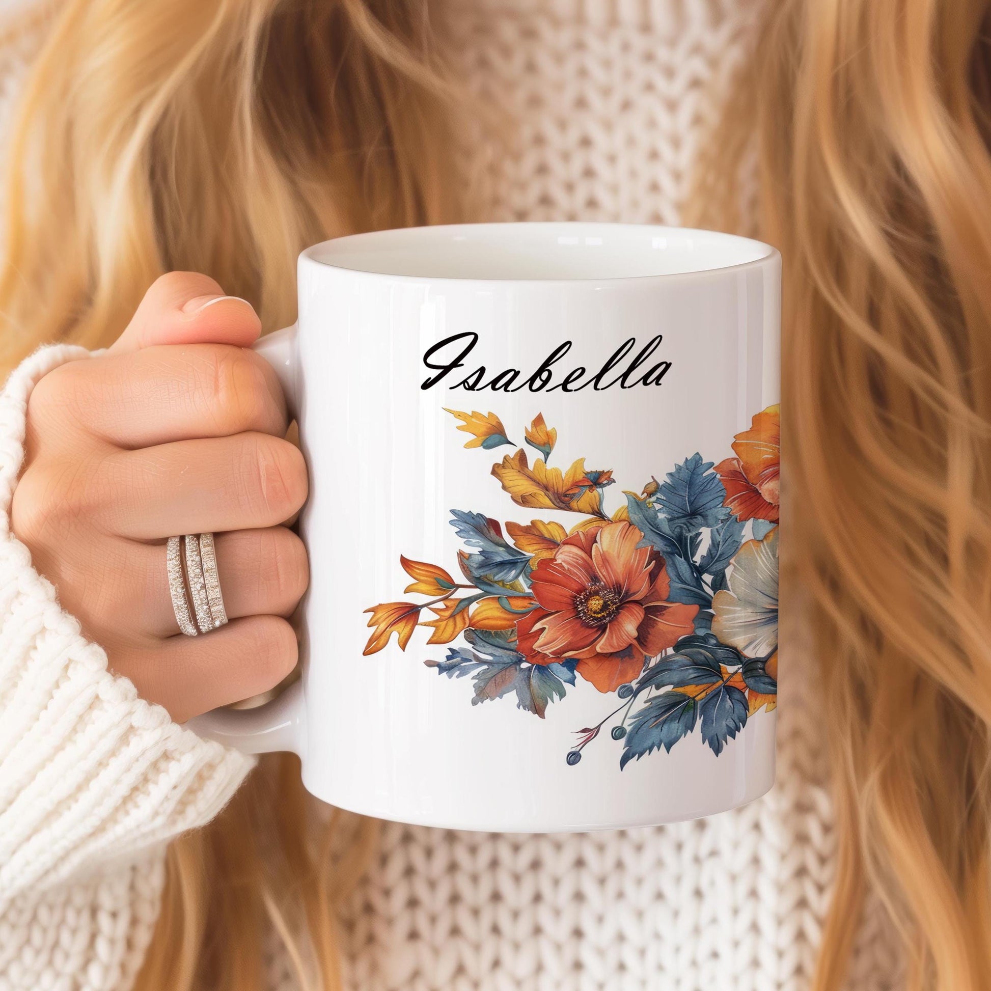Personalized Flowers Mug, Name Mug for Coffee Lovers, Tea Cup With Name, 11 Oz Ceramic Mug, Gift for Teacher, Gift Idea for Mom, POD Mug
