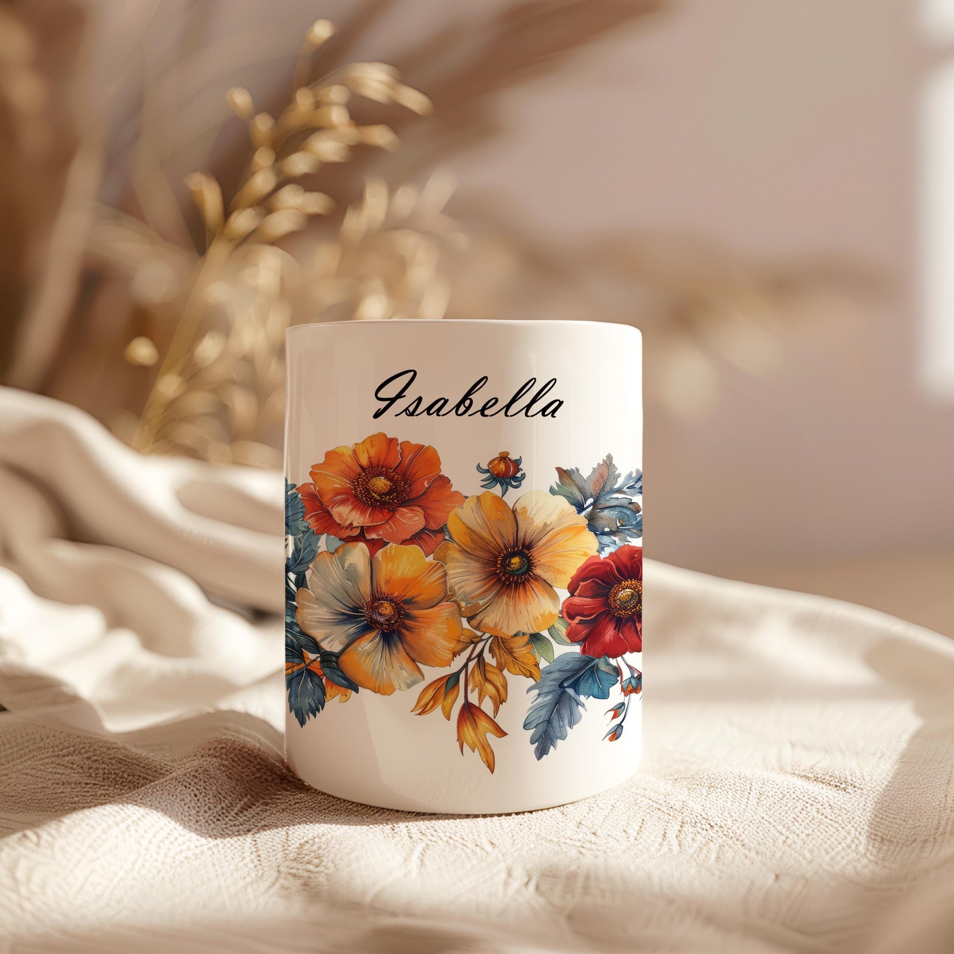 Personalized Flowers Mug, Name Mug for Coffee Lovers, Tea Cup With Name, 11 Oz Ceramic Mug, Gift for Teacher, Gift Idea for Mom, POD Mug