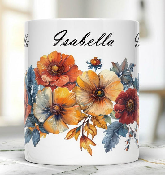 Personalized Flowers Mug, Name Mug for Coffee Lovers, Tea Cup With Name, 11 Oz Ceramic Mug, Gift for Teacher, Gift Idea for Mom, POD Mug